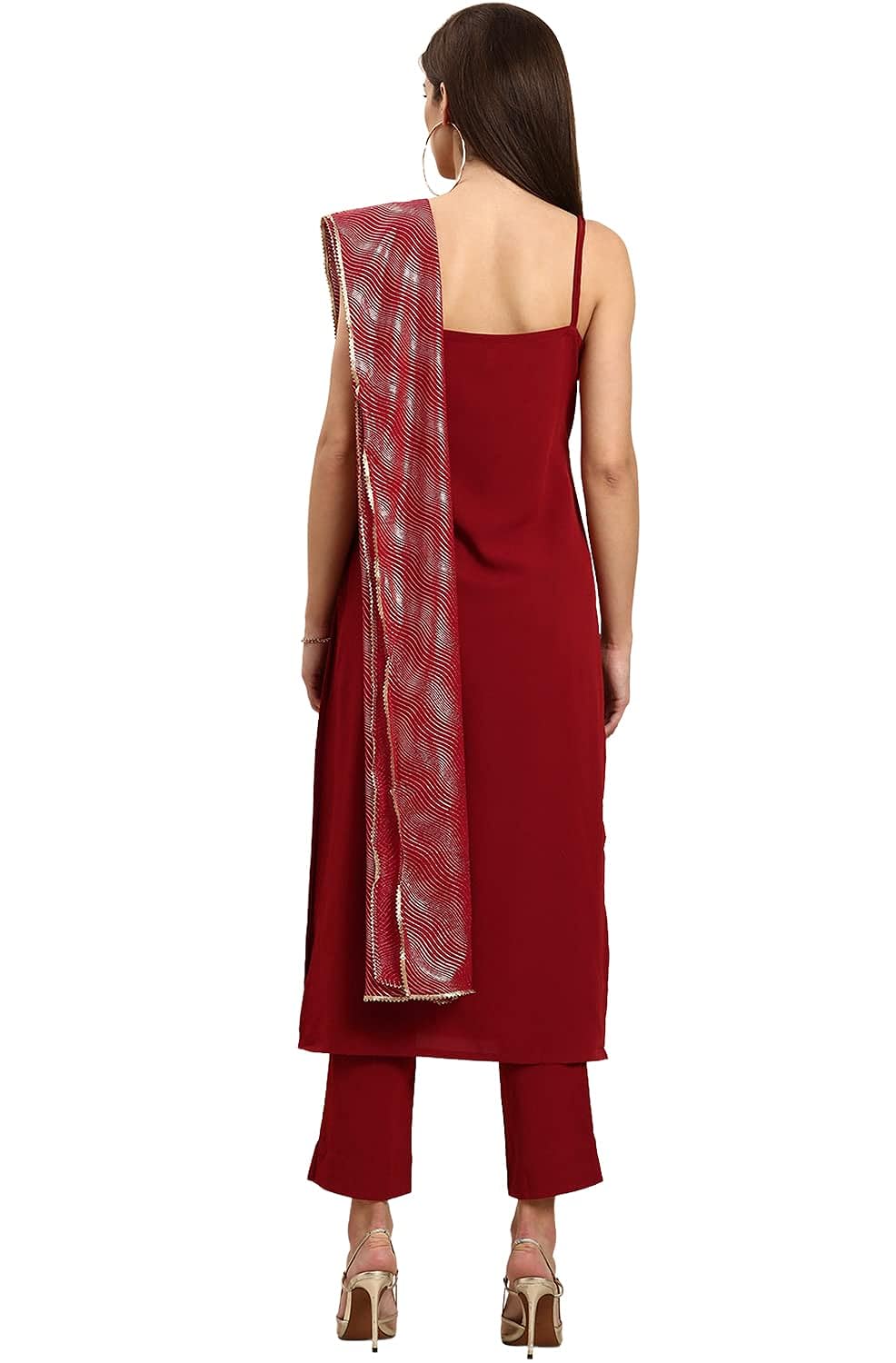 Janasya Women's Maroon Poly Crepe Kurta With Pant And Dupatta