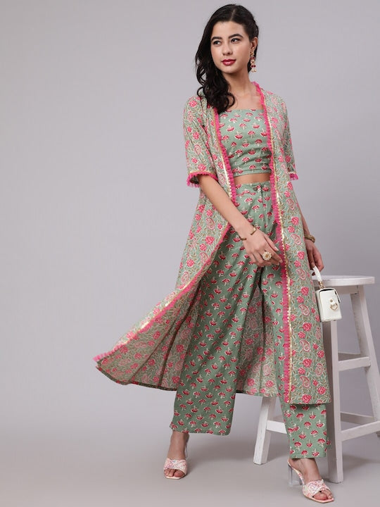 AKS Printed Pure Cotton Crop Top & Palazzos With Jacket