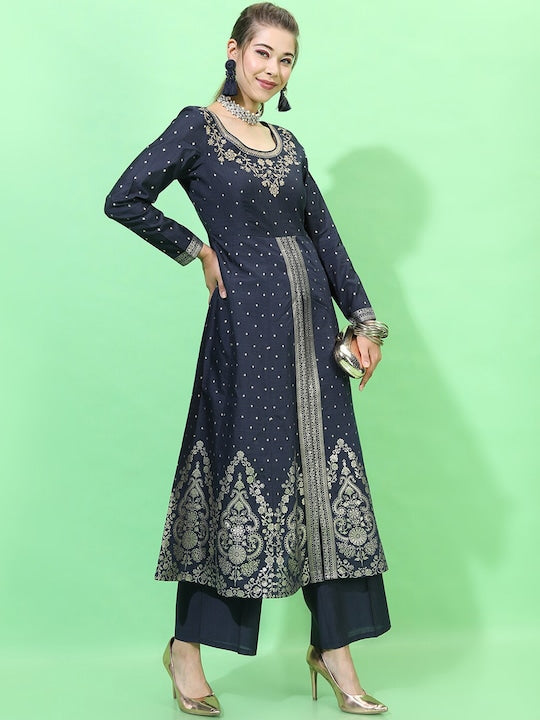 Vishudh Women Navy Blue Floral Embroidered Empire Kurta with Palazzos - S