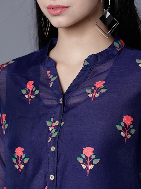 Vishudh Women Navy Blue & Pink Floral Printed Straight Kurta