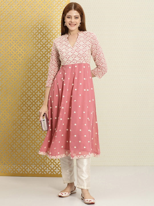 House of Pataudi Women Pink Ethnic Motifs Embroidered Jashn Kurta