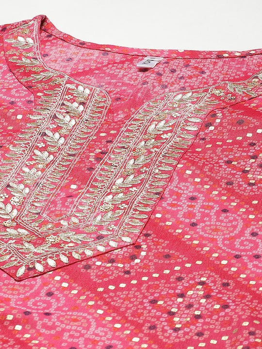 Yufta Women Pink Bandhani Printed Panelled Gotta Patti Kurta with Palazzos & With Dupatta