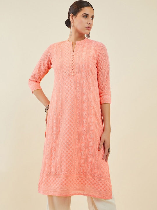 Soch Peach Coloured Ethnic Motifs Embroidered Mandarin Collar Georgette Kurta