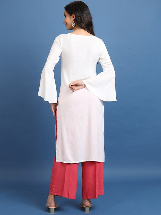 Vishudh White Floral Printed Bell Sleeves Kurta