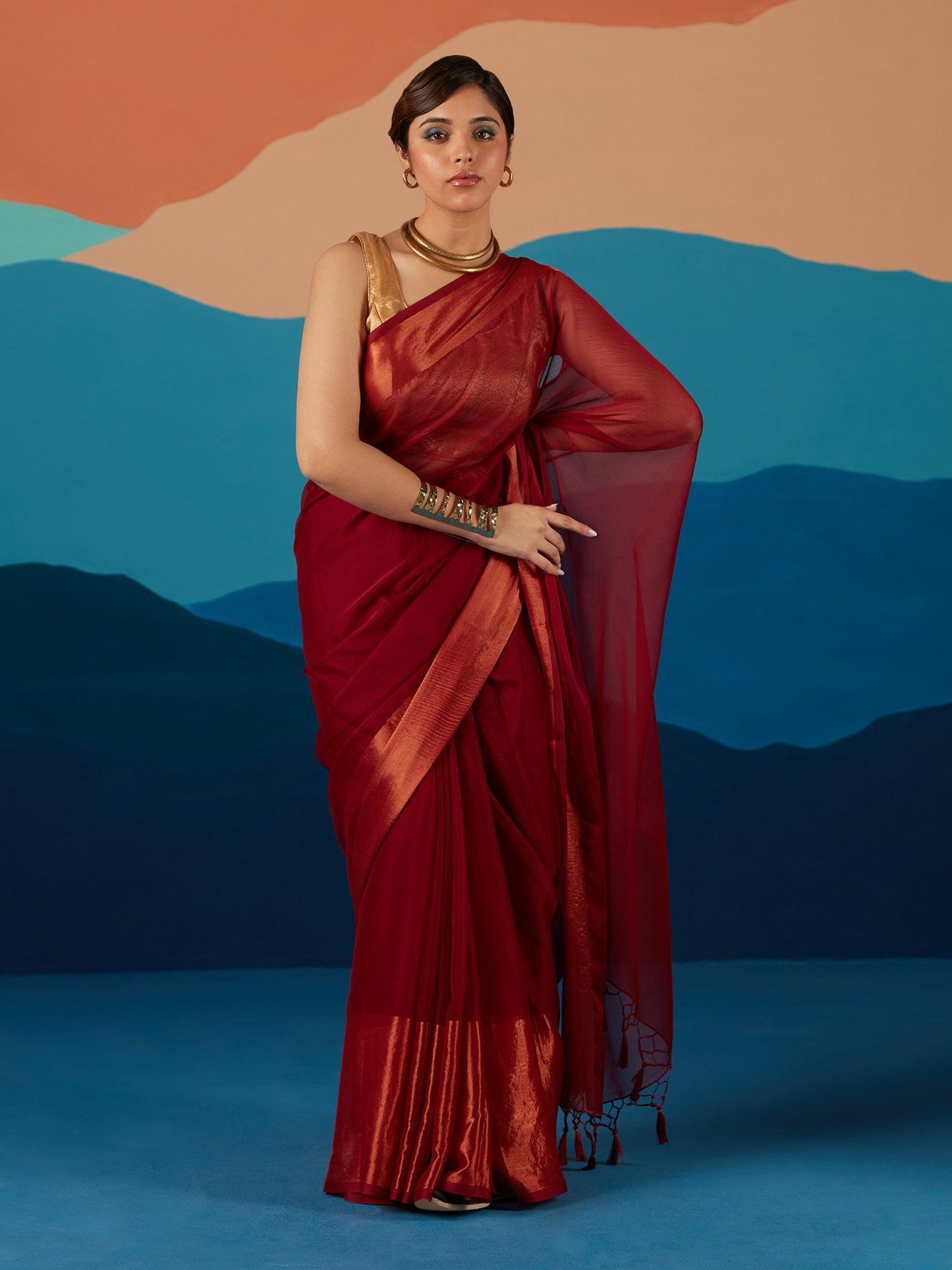 Likha Red Georgette Solid Zari Party Wear Saree & Unstitched Blouse LIKSAR44 (Free Size)