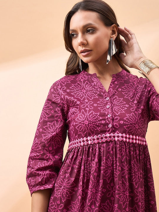 All about you Printed Mandarin Collar Mirror Work Fit & Flare Pure Cotton Midi Dress