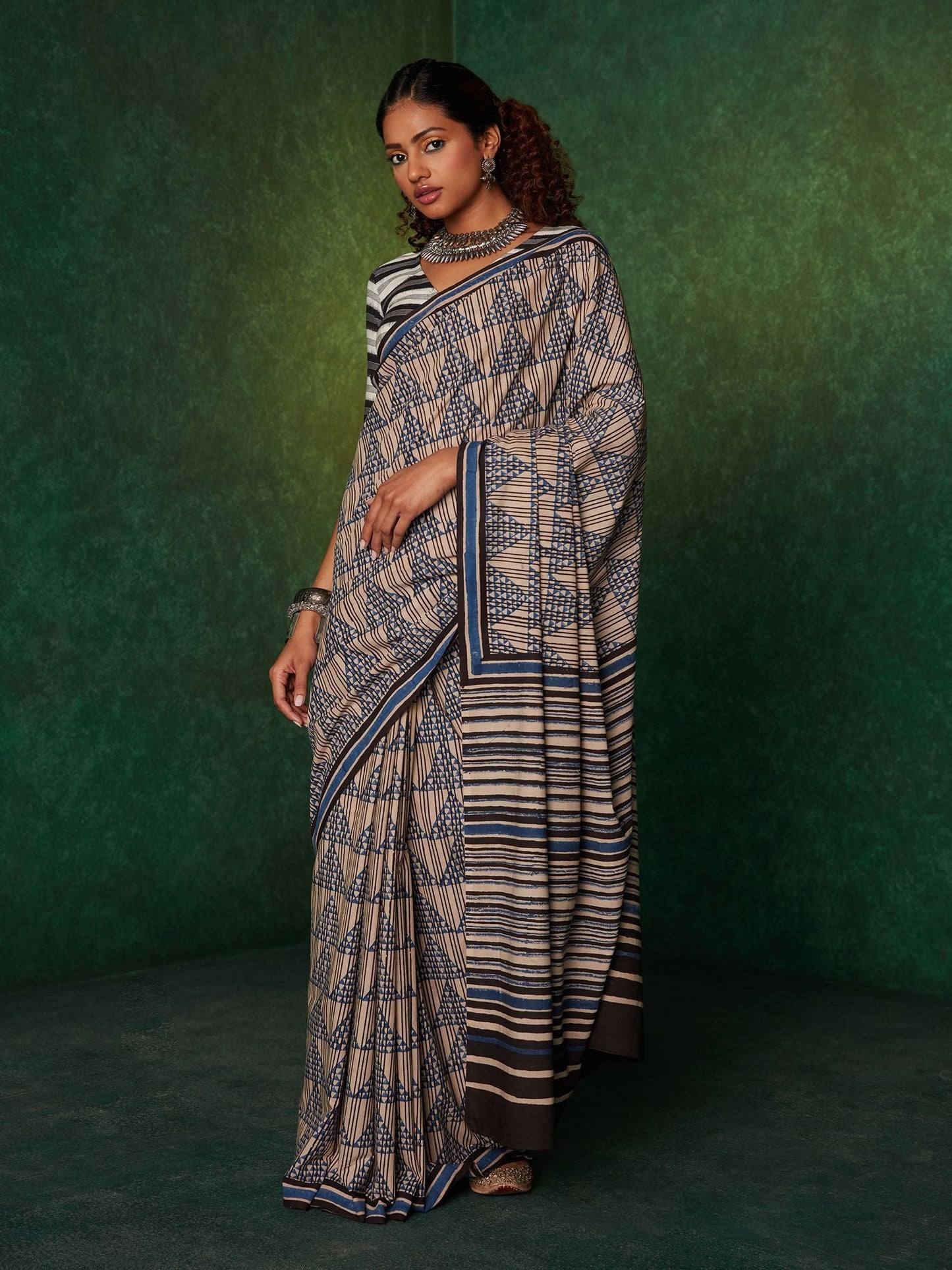 Likha Beige Mulmul Handblocked Bagru Saree with Unstitched Blouse LIKSAR106 (Free Size)