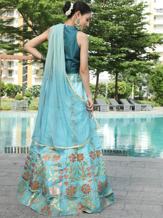 AKS Couture Floral Printed Zari Ready to Wear Lehenga & Blouse With Dupatta