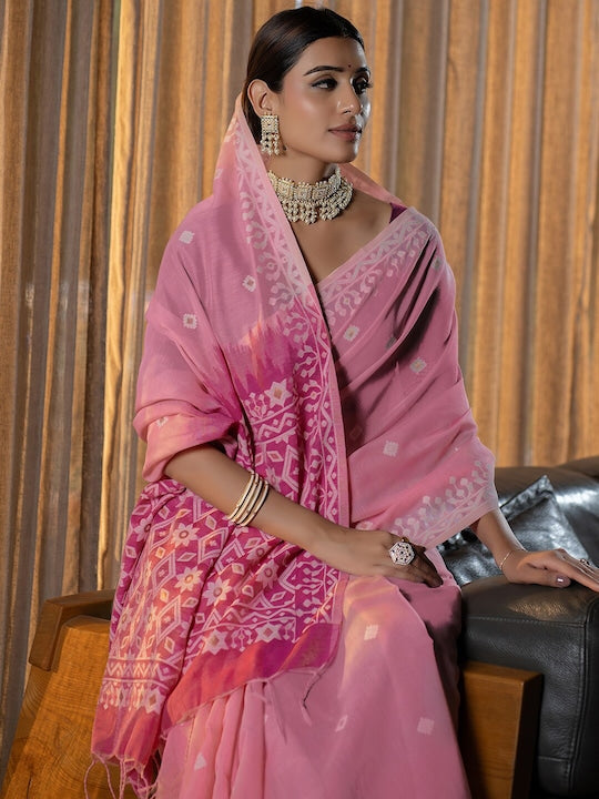 Satrani Pink Ethnic Motifs Woven Design Zari Jamdani Saree