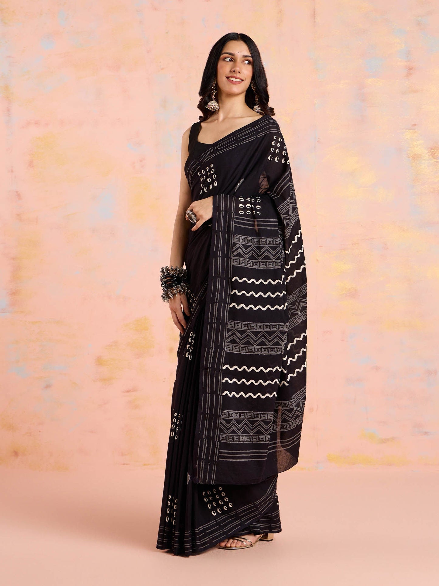 Likha Black & White Printed Cotton Saree with Unstitched Blouse LIKSAR143