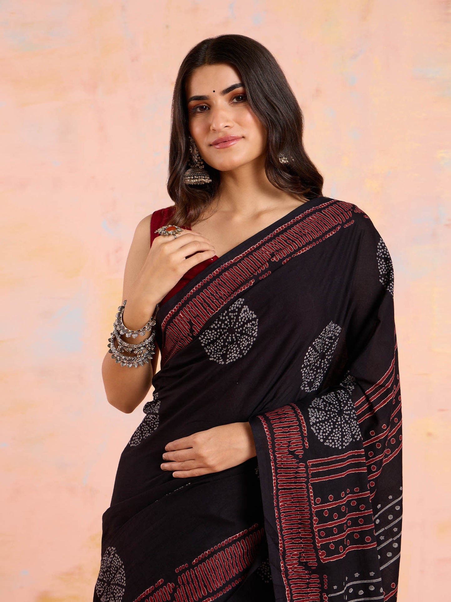 Likha Black & White Printed Cotton Saree with Unstitched Blouse LIKSAR145