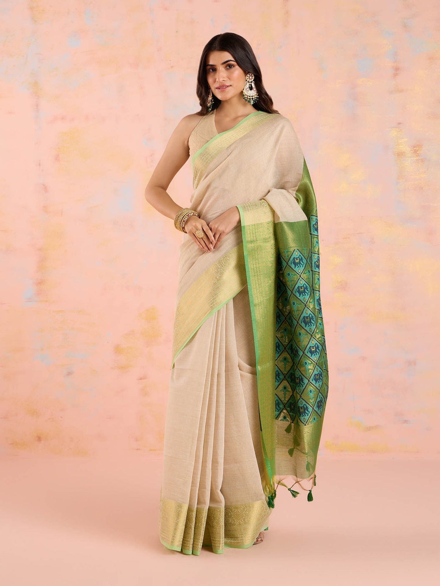 Likha Off White Karigar Korner Khadi Cotton Jacquard Saree with Unstitched Blouse LIKKKPET01