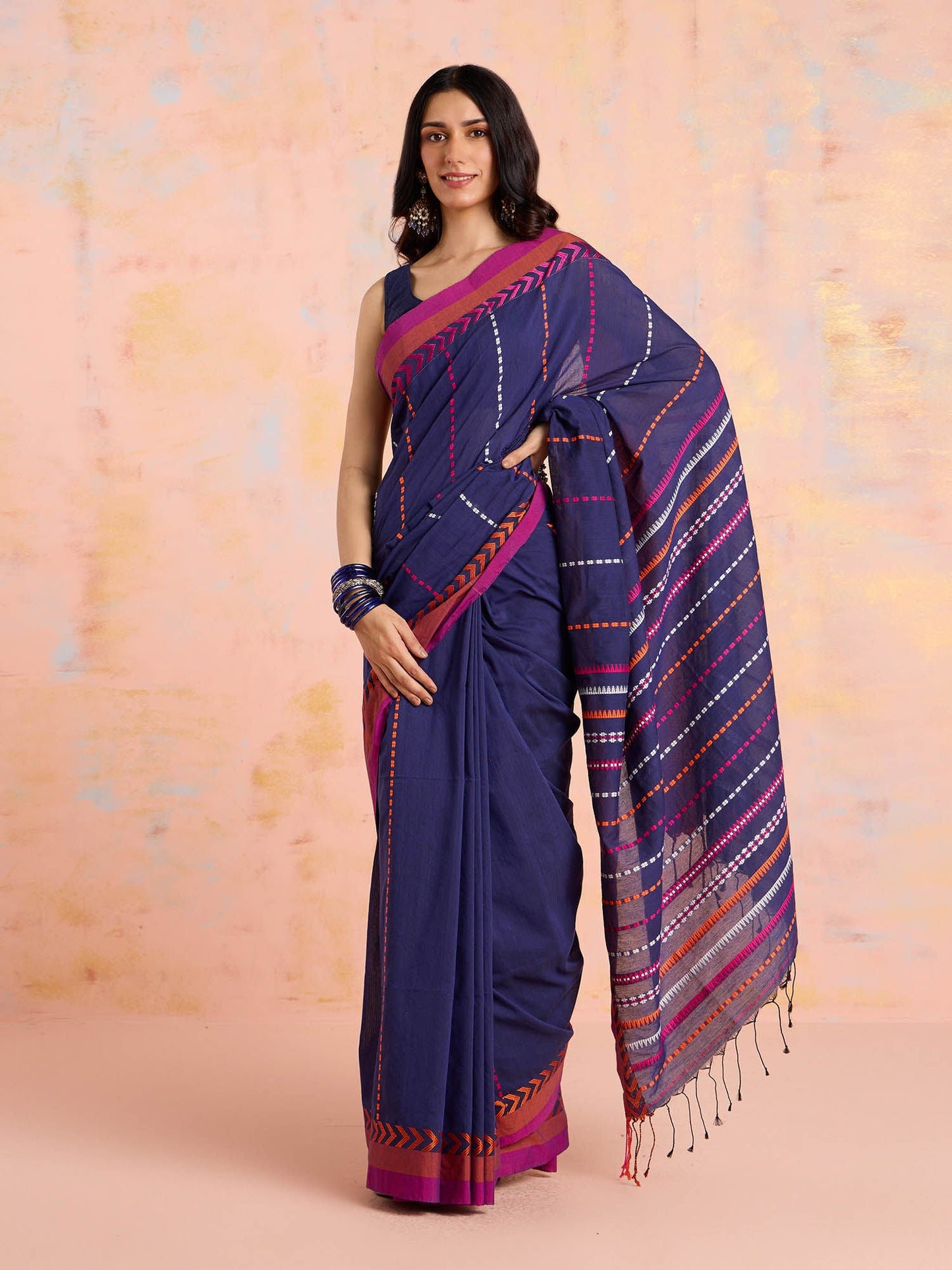 Likha Blue Karigar Korner Handcrafted Cotton Saree with Unstitched Blouse LIKKKSAR01