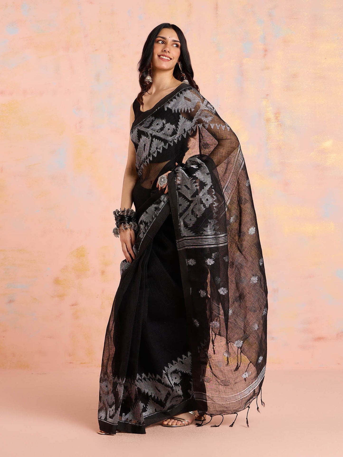 Likha Black Karigar Korner Linen Handcrafted Saree with Unstitched Blouse LIKKKSAR02