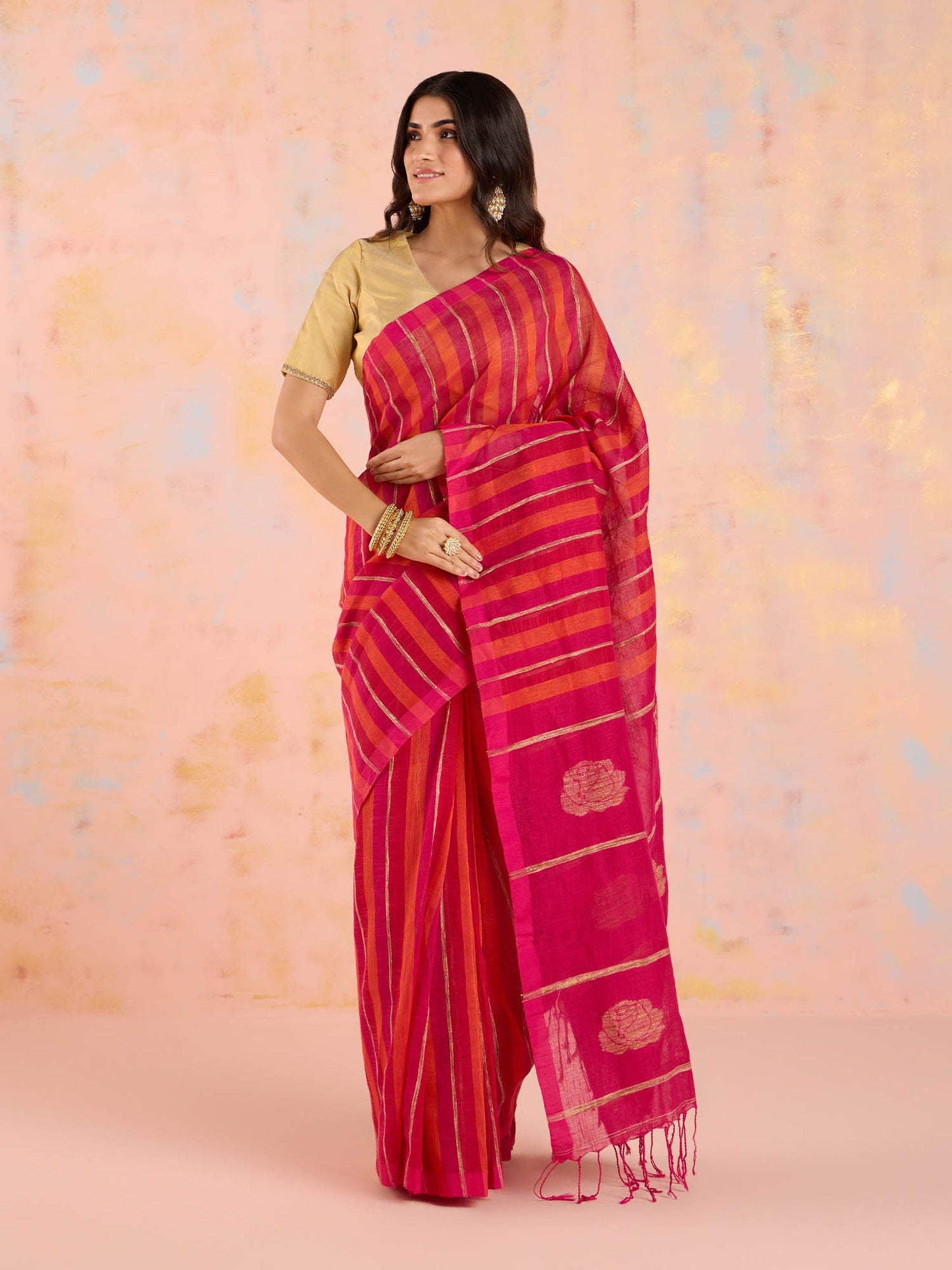 Likha Pink Karigar Korner Linen Jamdani Work Saree with Unstitched Blouse LIKKKSAR06