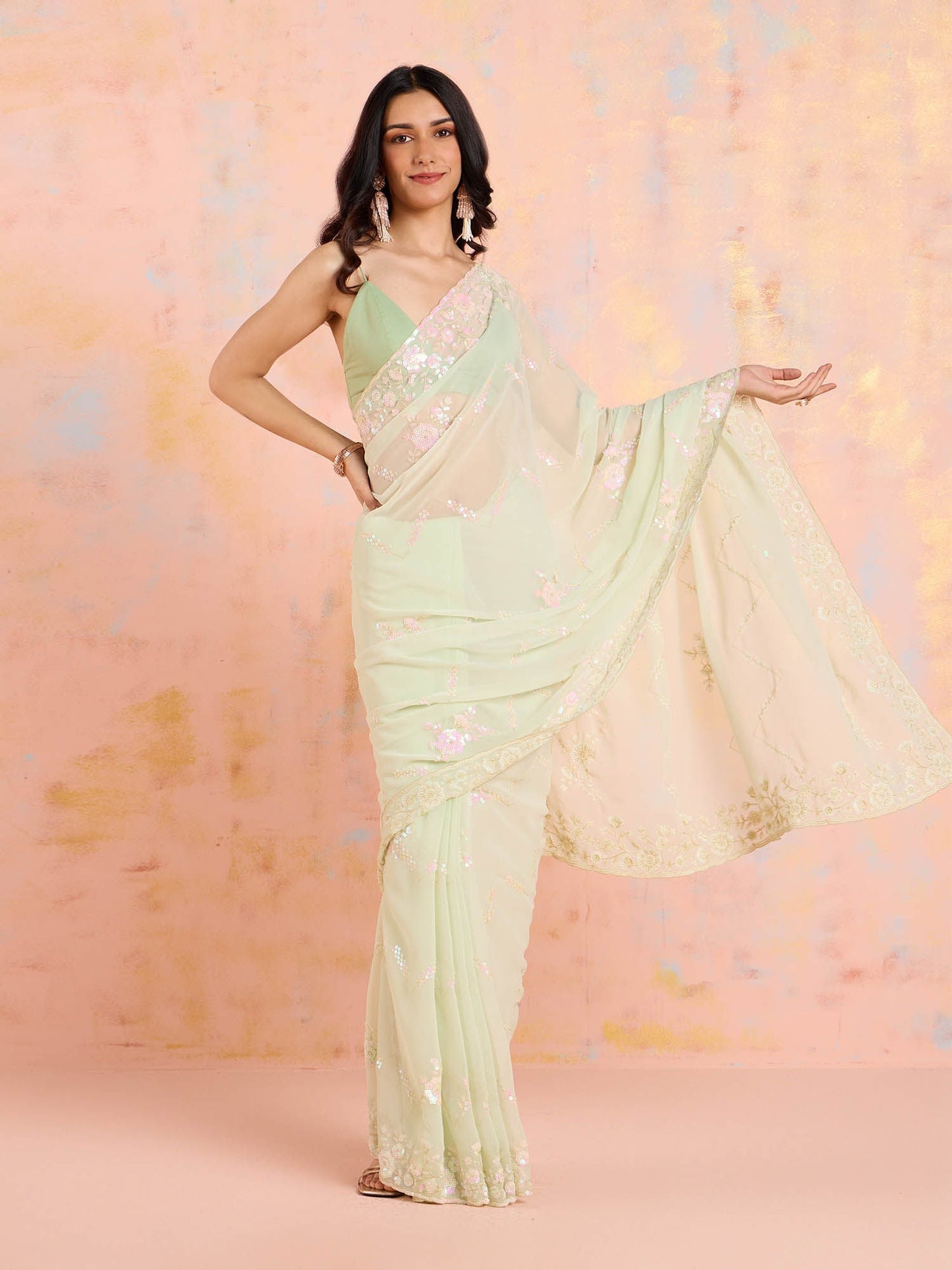 Likha Green Net Embroidered and Sequined Saree with Unstitched Blouse LIKPARSAR03