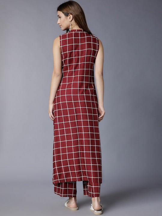 Vishudh Women Maroon Checked Kurta with Palazzos