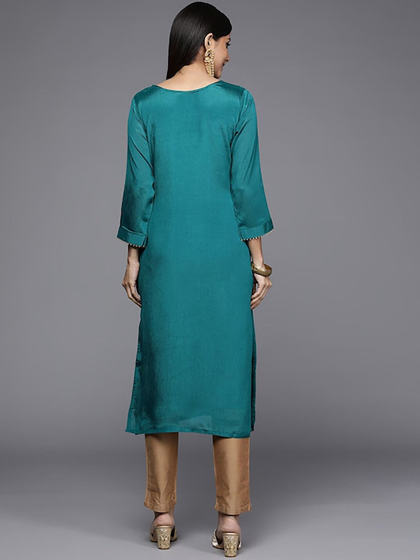 KSUT Teal Straight Kurta with Embroidered Yoke