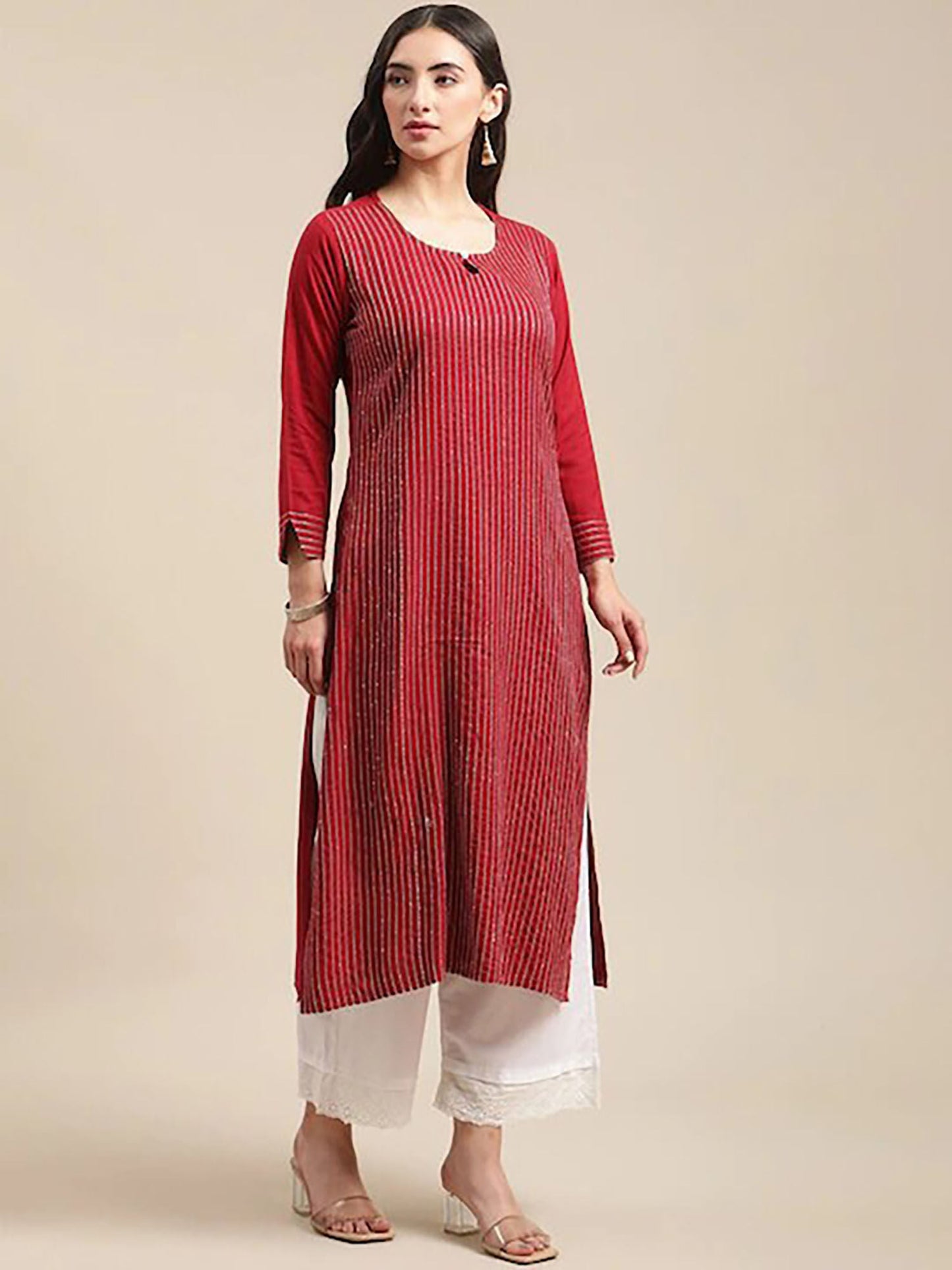 KSUT Women Red Stripes Embroidered Kurta