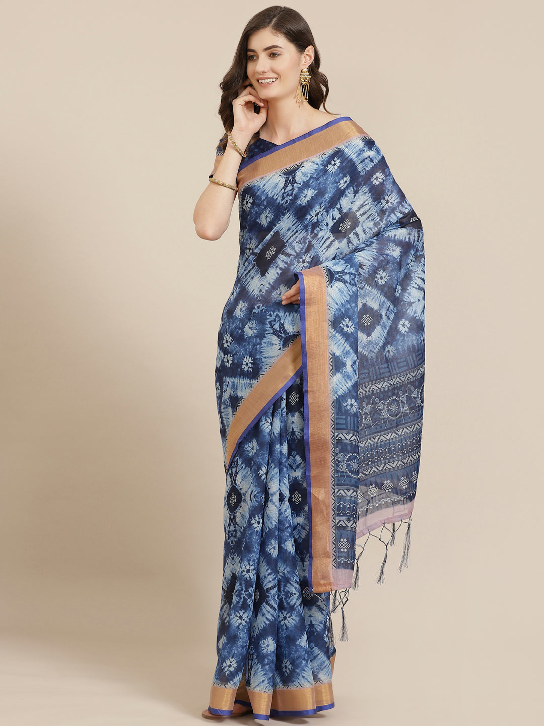 Saree mall Blue & White Printed Bandhani Saree