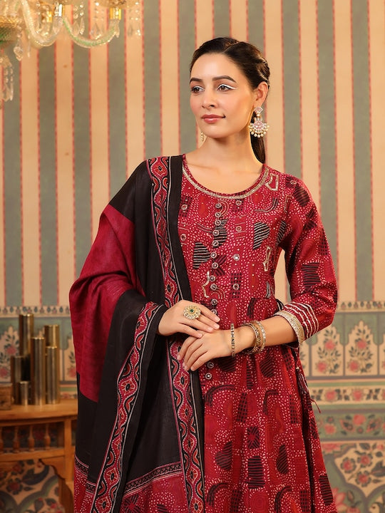 Scakhi Ethnic Motifs Printed Gotta Patti Anarkali Kurta with Sharara & Dupatta