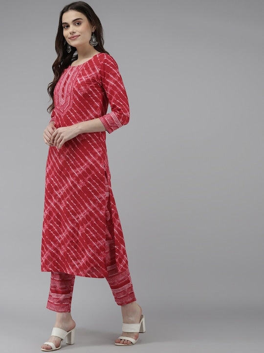 Yufta Red & White Leheriya Printed Pure Cotton Kurta With Palazzos & Dupatta