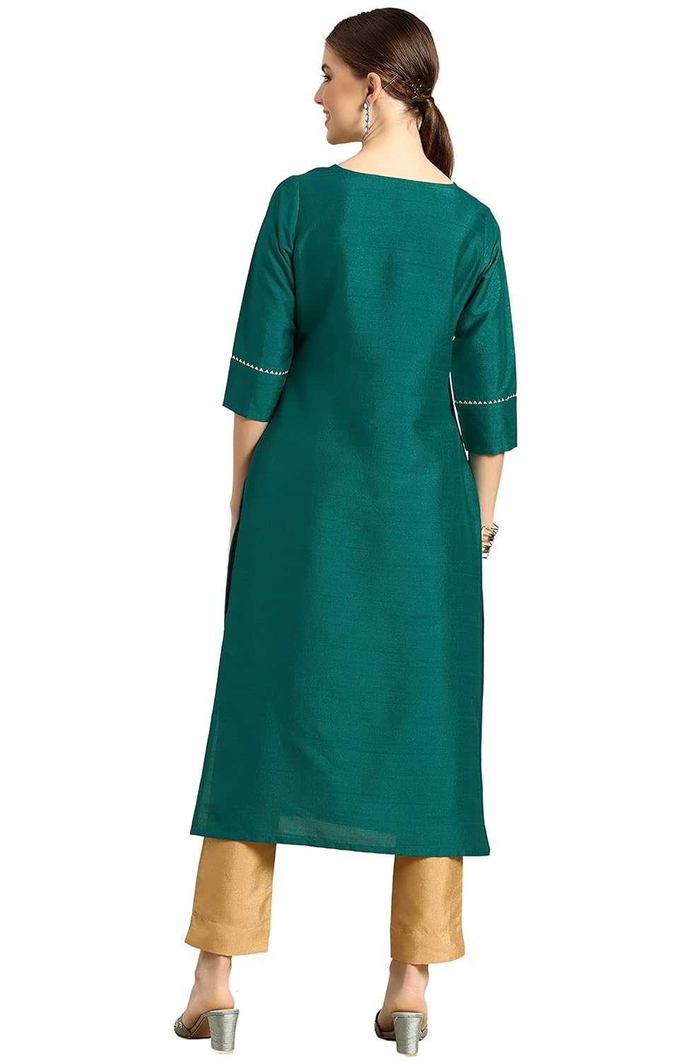 Janasya Women's Green Poly Silk Solid Kurta with Pant