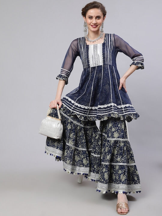 AKS Couture Floral Printed Square Neck Gotta Patti Pure Cotton Kurta with Sharara