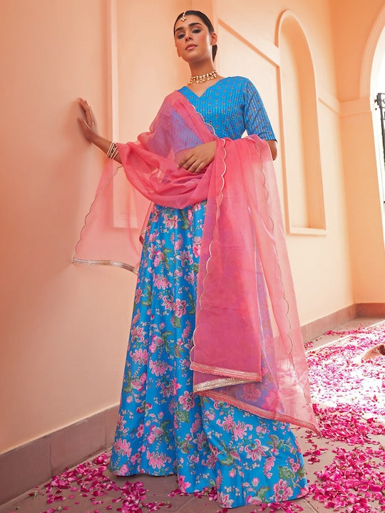 Janasya Floral Printed Sequinned Ready to Wear Lehenga & Blouse With Dupatta