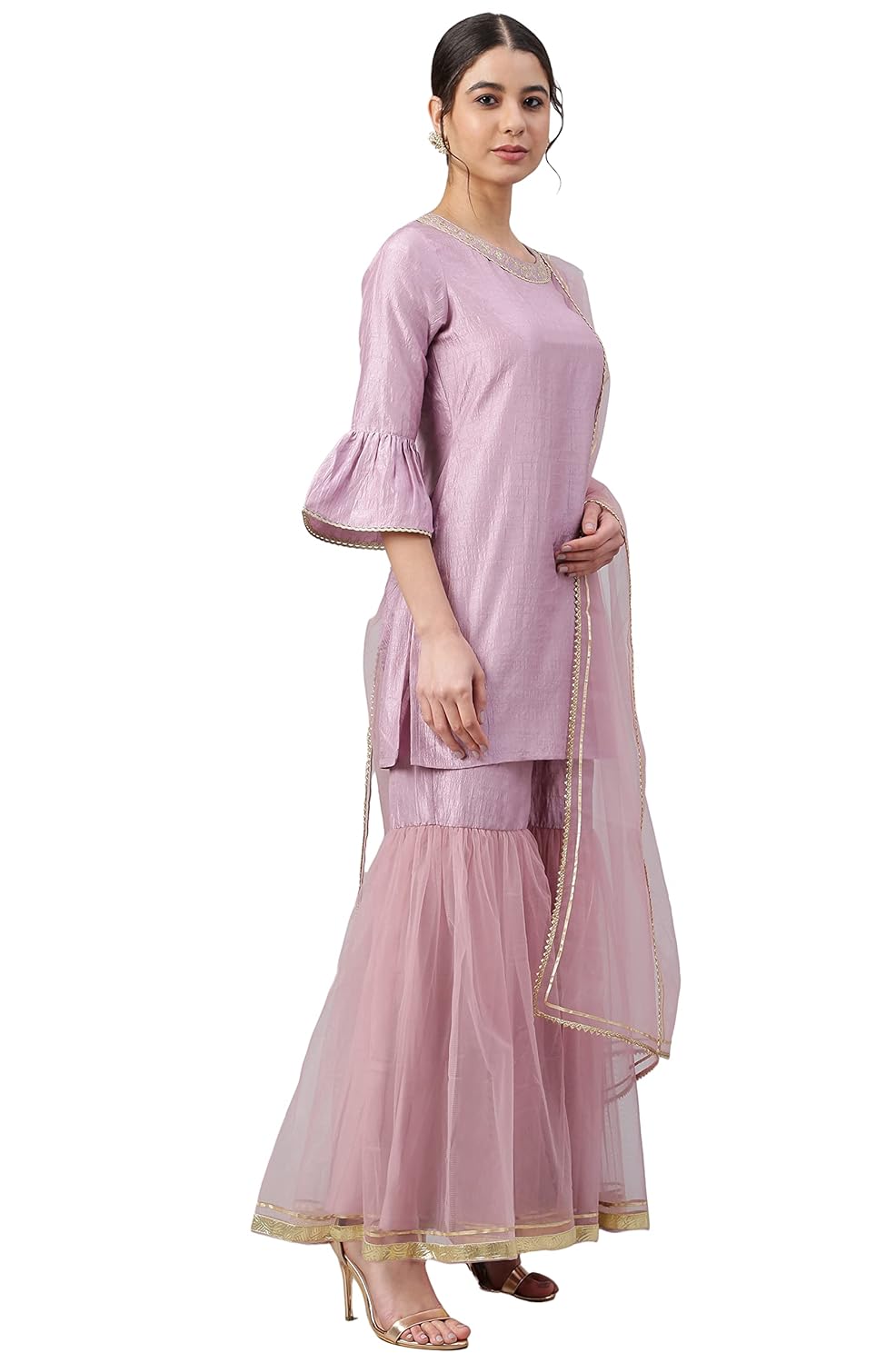 Janasya Women's Mauve Poly Silk Solid Kurta with Gharara and Dupatta