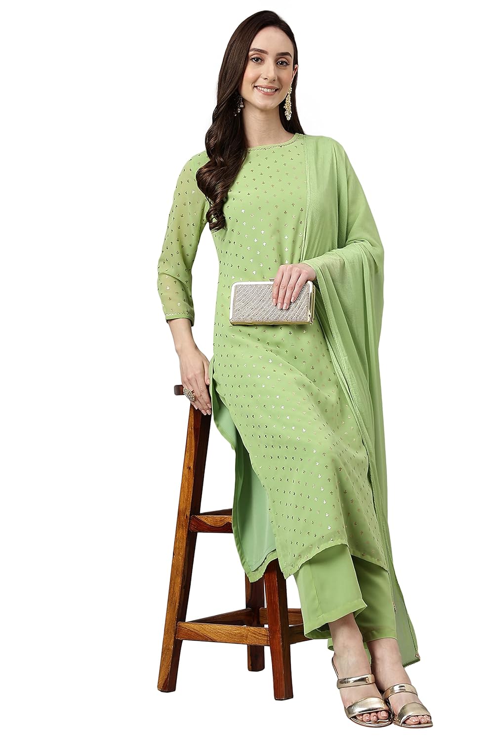 Janasya Women's Green Georgette Foil Print Kurta with Palazzo and Dupatta