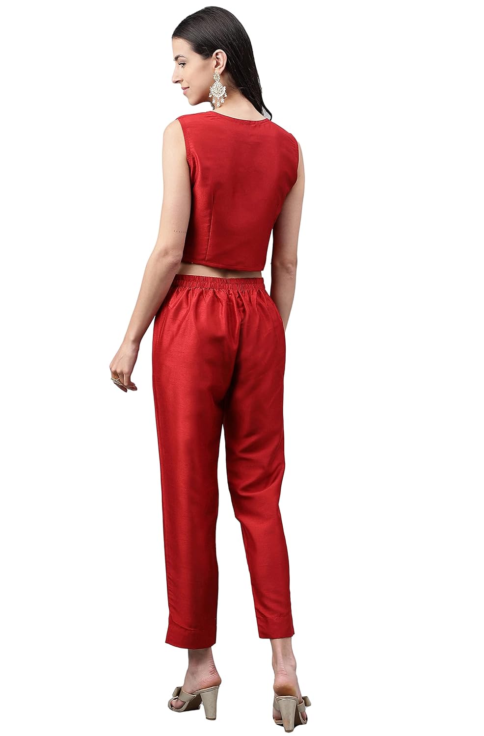 Janasya Women's Red Crepe Silk Solid Top with Pants and Jacket