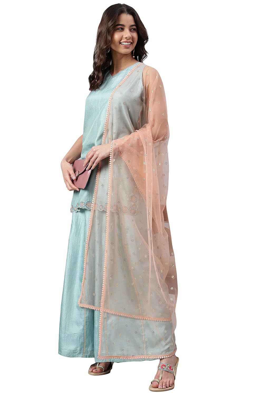 Janasya Women's Sea Green Poly Silk Embroidered Kurta with Palazzo and Dupatta