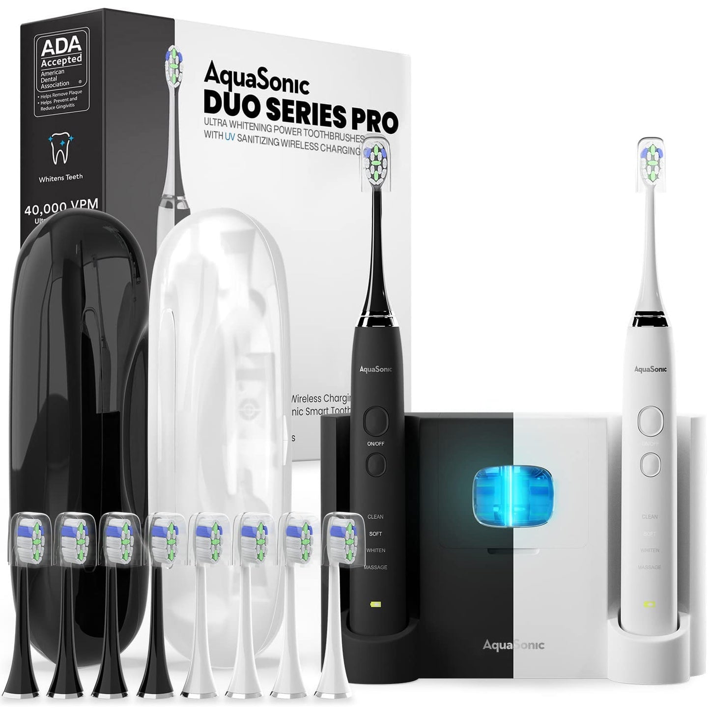 AquaSonic DUO PRO Ð Ultra Whitening 40,000 VPM Electric ToothBrushes Ð ADA Accepted - 4 Modes with Smart Timers - UV Sanitizing & Wireless Charging Base - 10 ProFlex Brush Heads & 2 Travel Cases