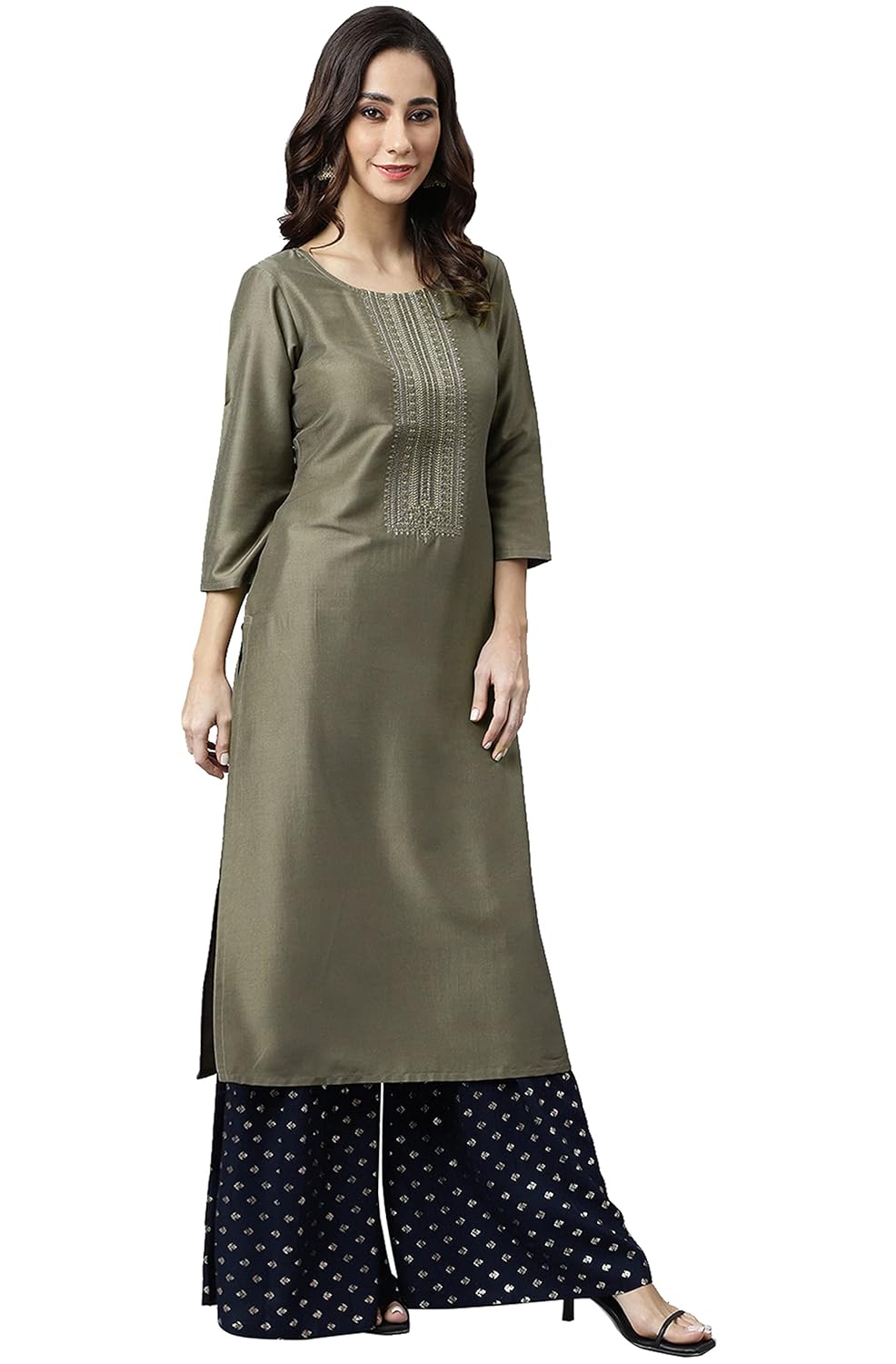 Janasya Women's Taupe Poly Silk Solid Straight Kurta
