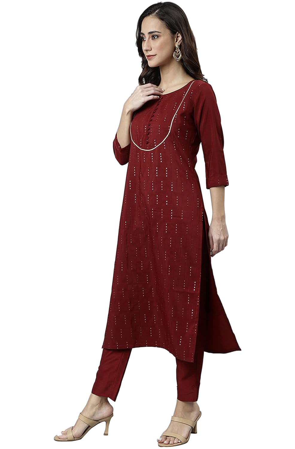 Janasya Women's Maroon Poly Silk Sequined Kurta with Pant