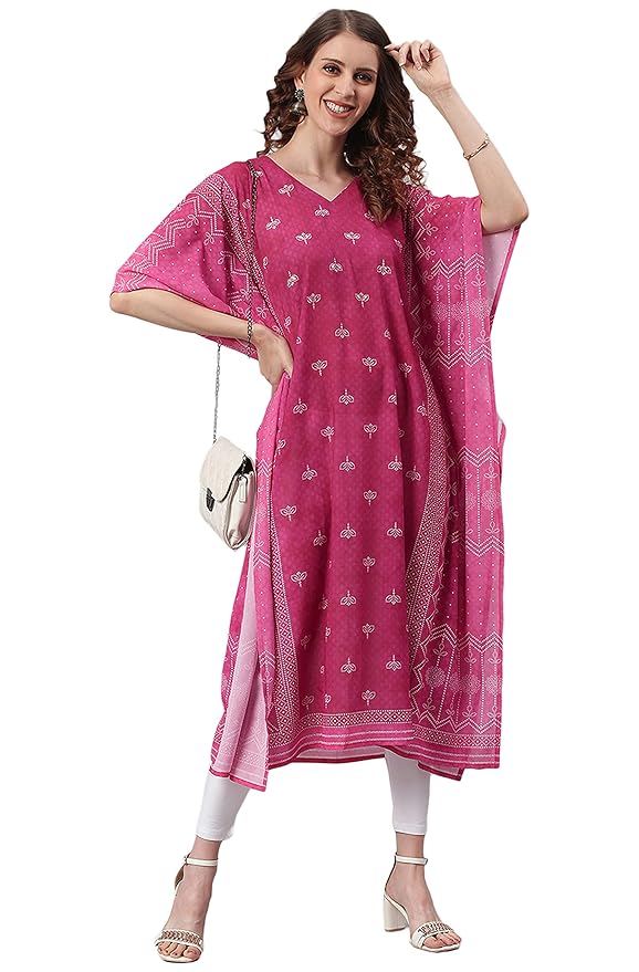 Janasya Women's Pink Poly Georgette Kaftan -L