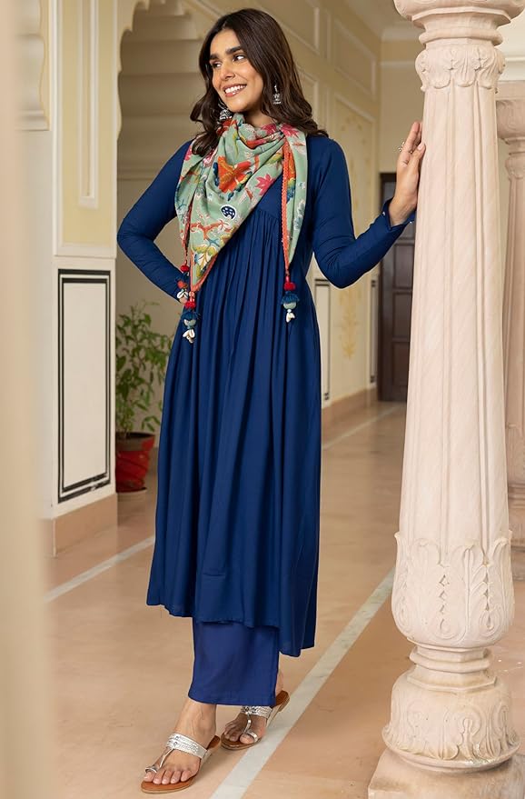 Janasya Women's Blue Rayon Solid Kurta with Palazzo and Scarf