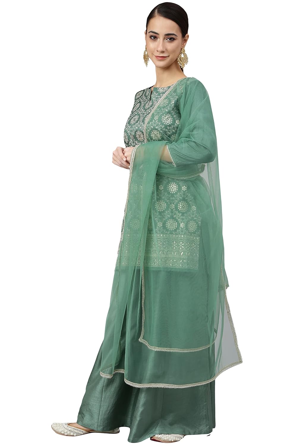 Janasya Women's Mint Green Chinon Foil Print Kurta with Flared Palazzo and Dupatta