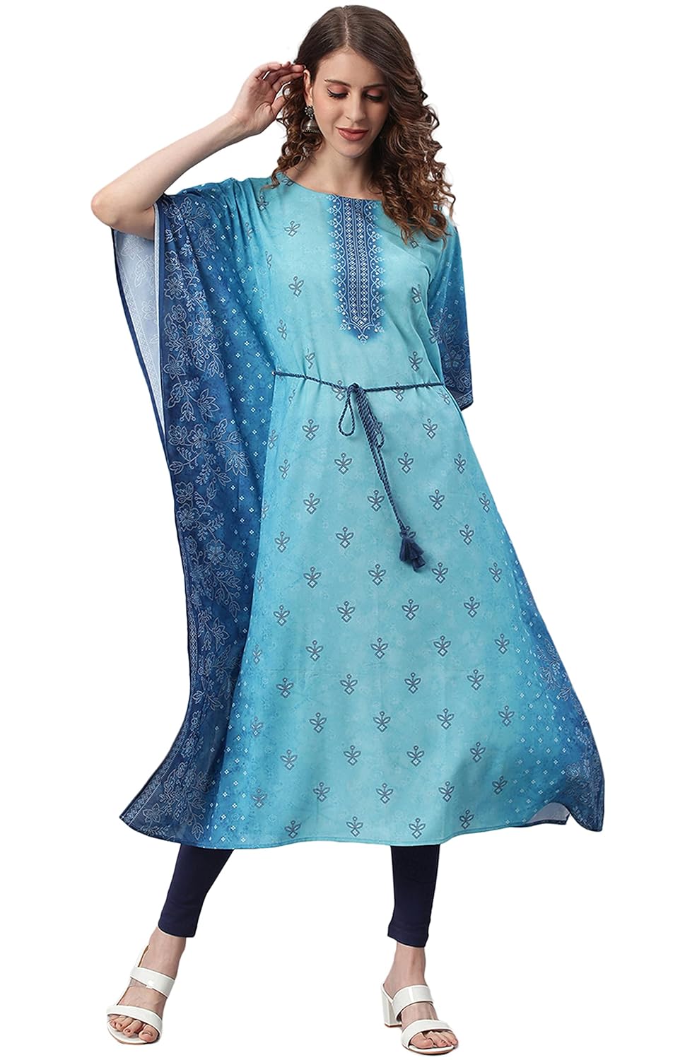 Janasya Women's Blue Poly Georgette Kaftan