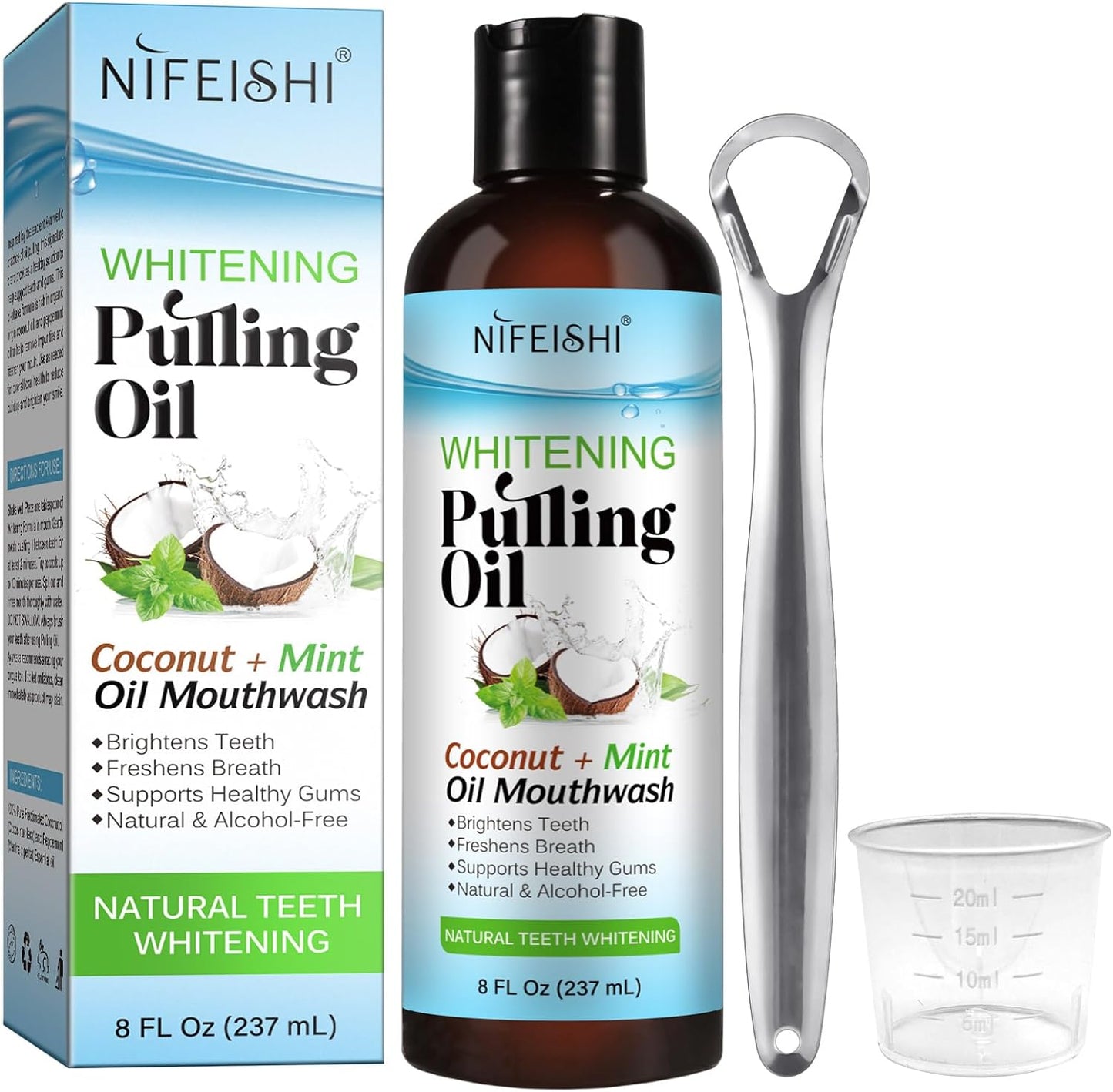 Coconut Pulling Oil (8 Fl.Oz), Mint Oil Pulling Mouthwash with Tongue Scraper, Natural Alcohol Free Mouthwash Teeth Whitening & Gum Health, Fresh Breath, Coconut Oil Pulling for Healthier