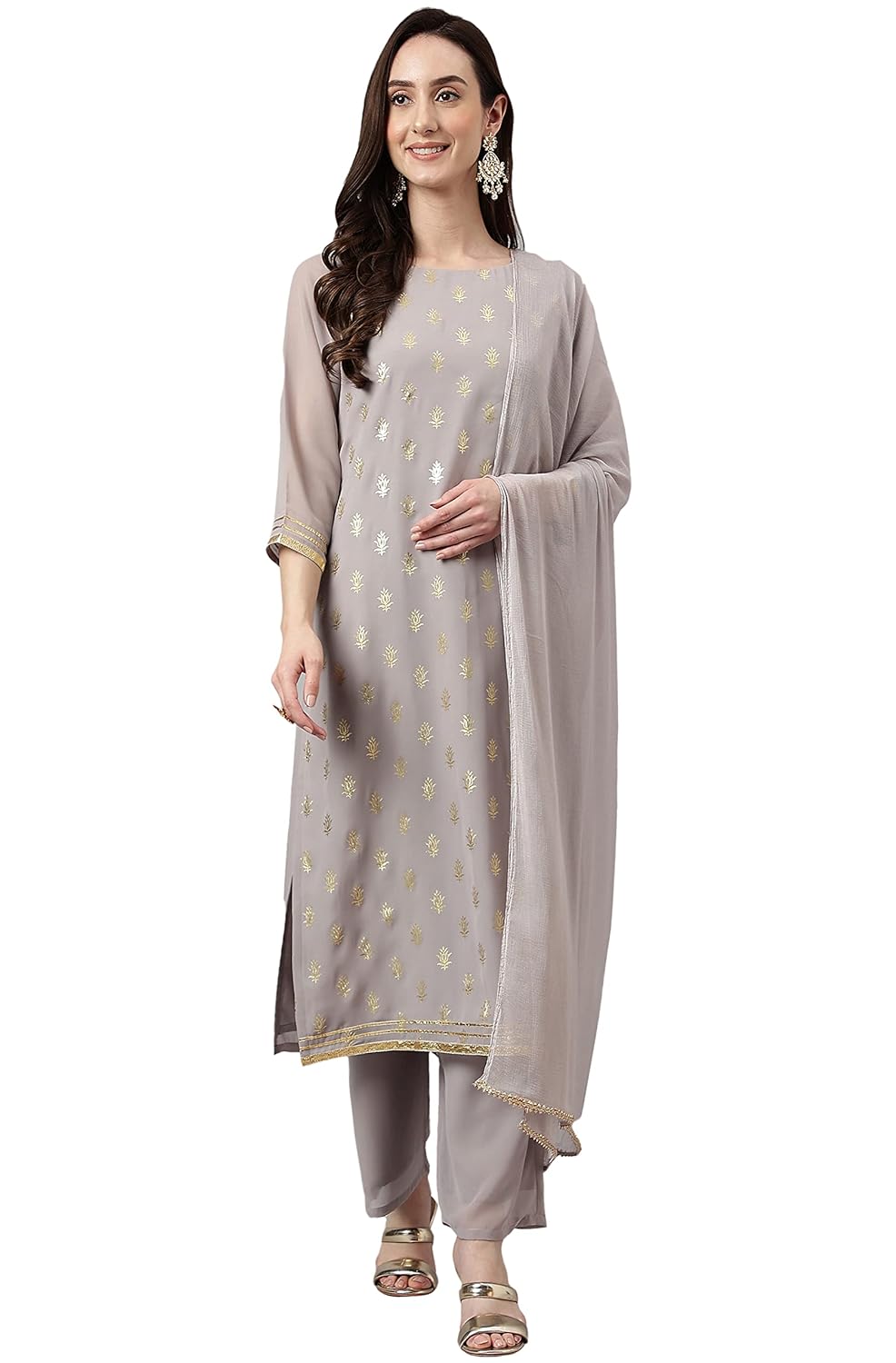Janasya Women's Grey Georgette Foil Print Kurta with Palazzo and Dupatta - XS