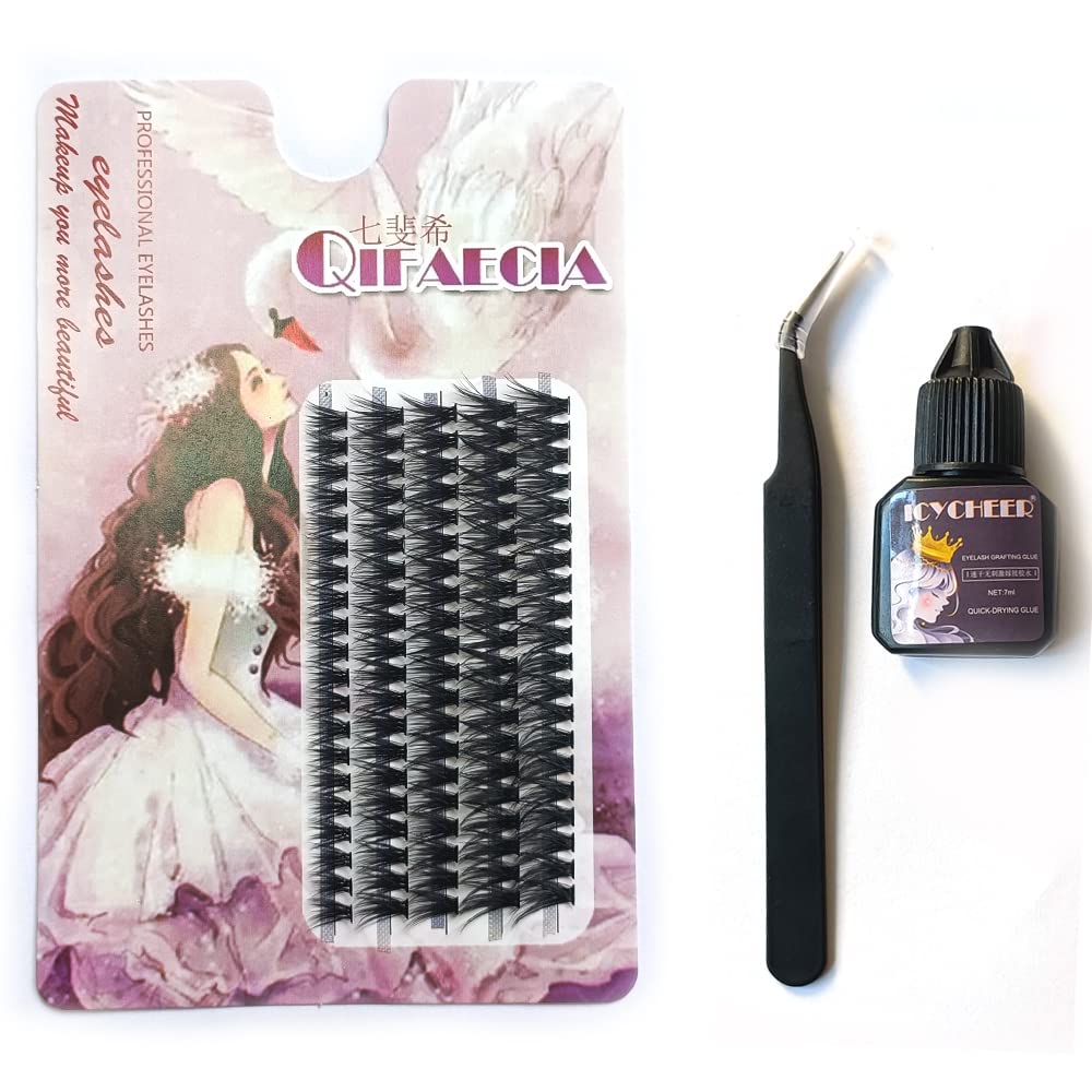 QIFAECIA 200 Pcs Individual Lashes Set 30D/40D/50D 0.07mm 8/10/11/12/13mm Mixed Wispy Cluster Eye Lashes Eyelashes Glue Tweezers Kit C Curl Eyelashes Extension (50D)