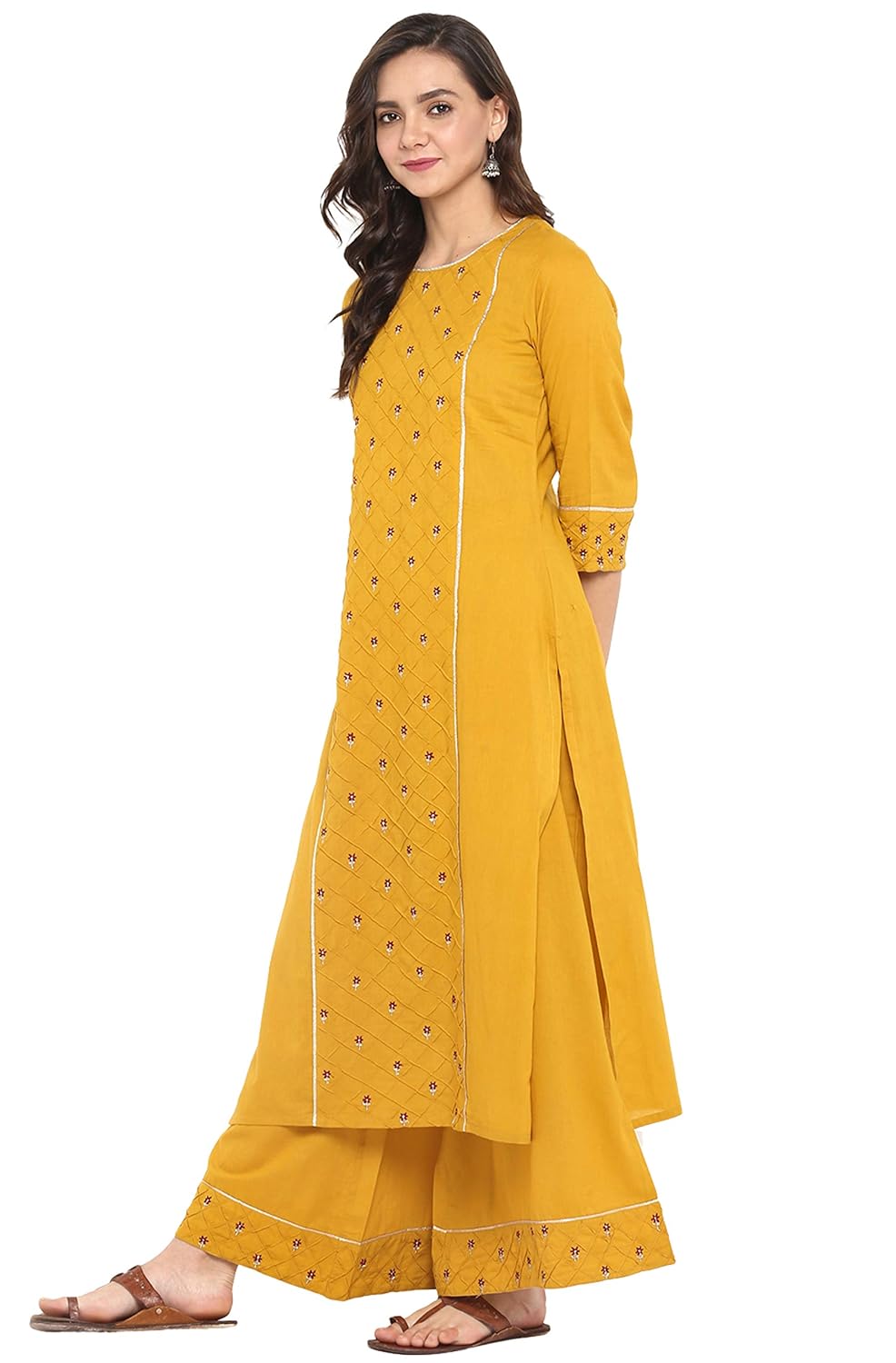 Janasya Women's Mustard Pure Cotton Straight Kurta with Palazzo