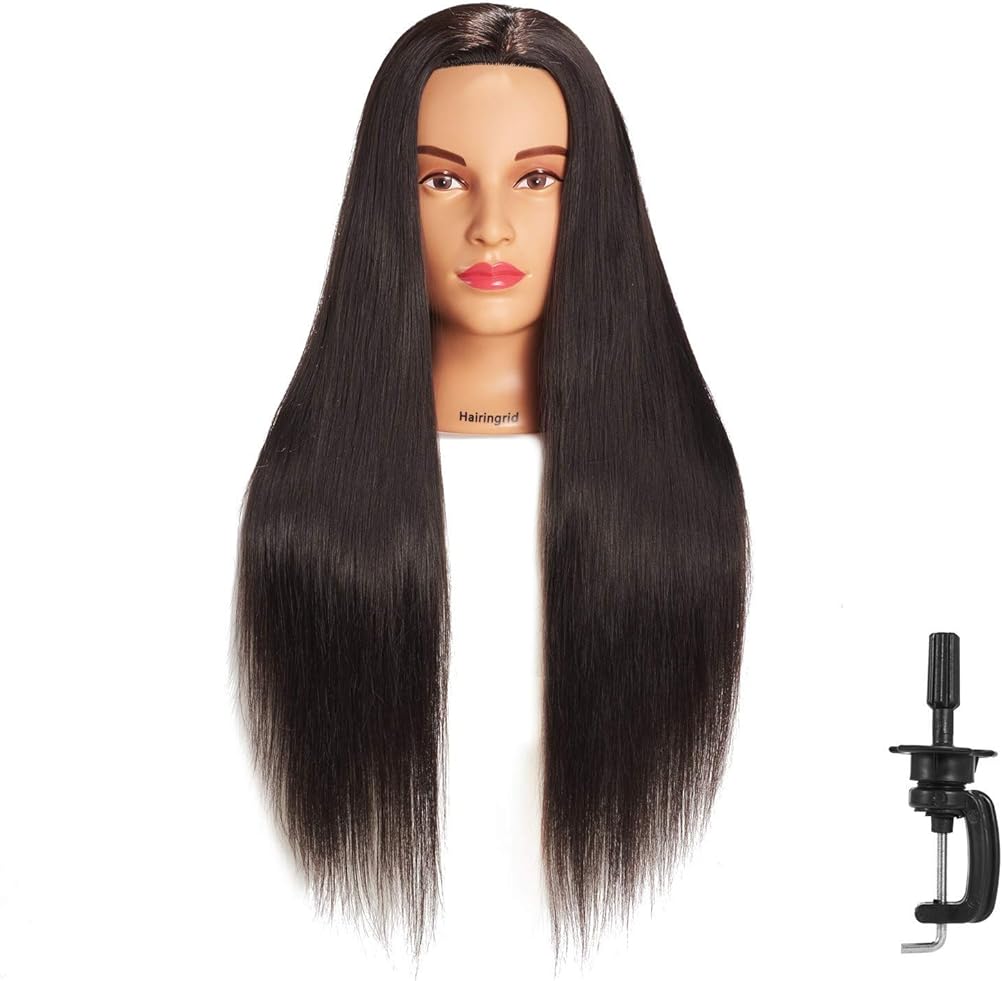 Hairingrid 26"-28" Mannequin Head Hair Styling Training Manikin Cosmetology Doll Head Synthetic Fiber Hair and Free Clamp Holder (Black)