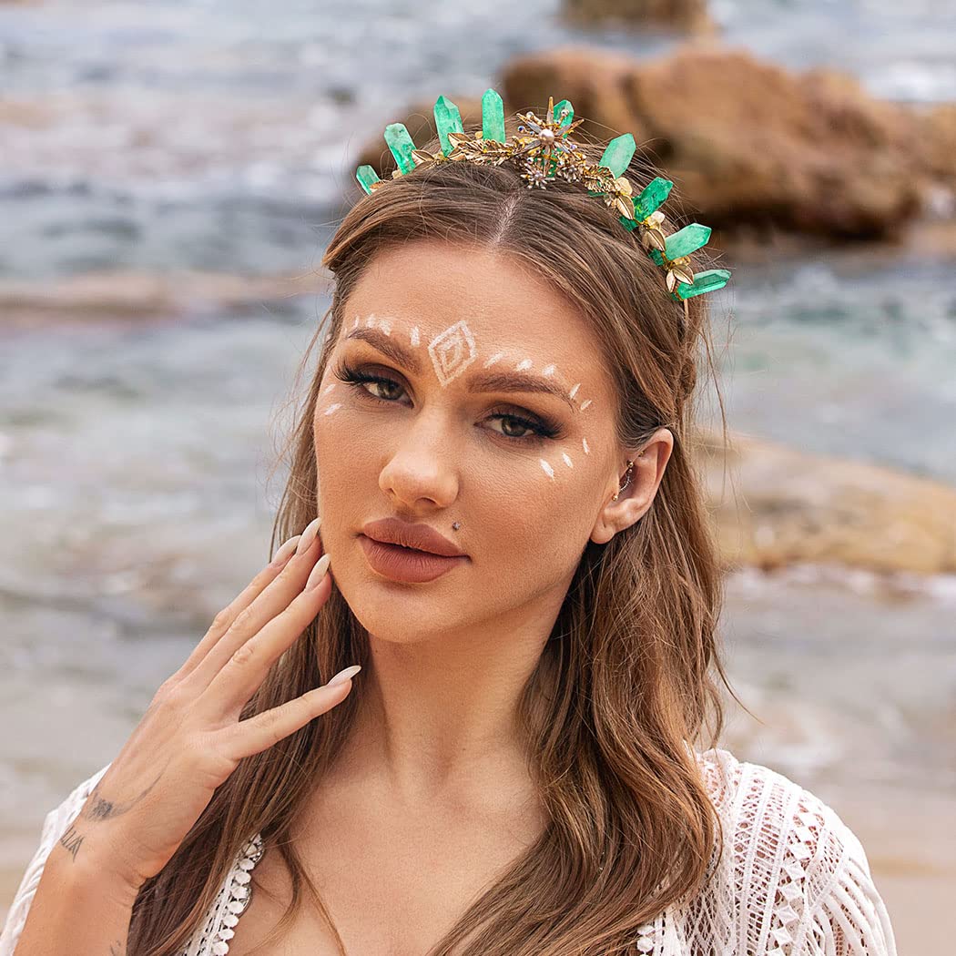 Formery Flower Green Quartz Crown Headband Gold Leaf Raw Crystal Tiara Hairband Woodland Fairy Elf Halloween Rhinestone Floral Natural Stone Hair Accessories for Women and Girls