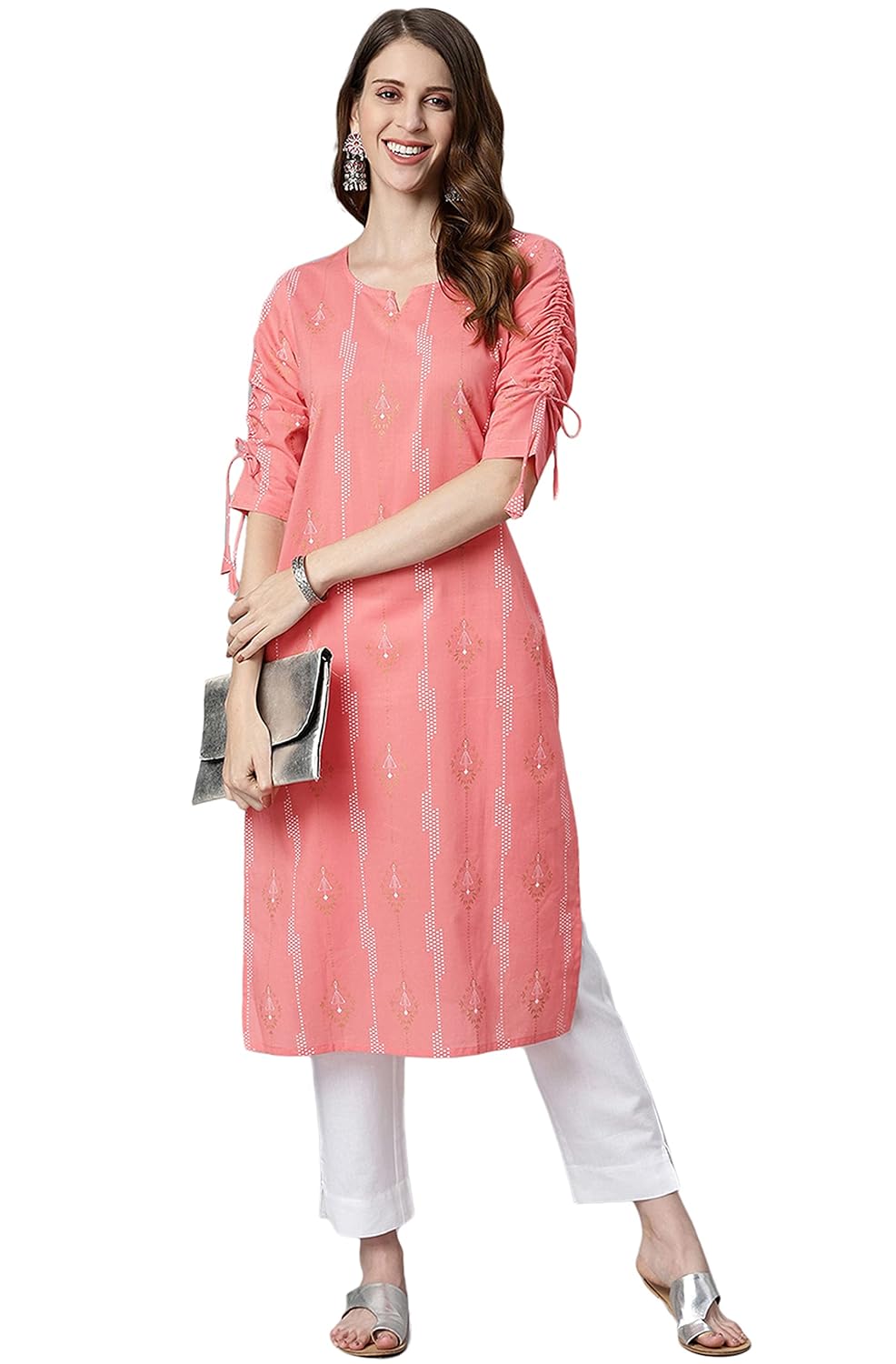 Janasya Women's Blue Cotton Ethnic Motifs Straight Kurta Pink