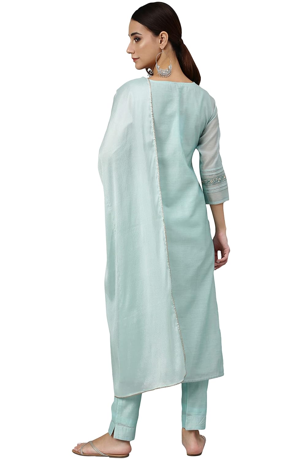 Janasya Women's Sea Blue Chanderi Silk Solid Kurta with Pant and Dupatta