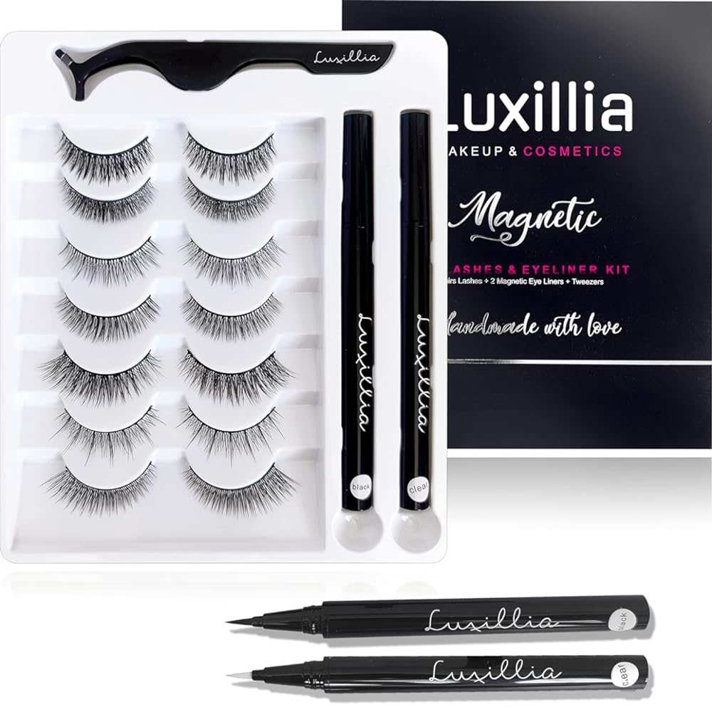 Luxillia (Clear + Black) Magnetic Eyeliner with Eyelashes Kit - Free Applicator Tool, 8D Most Natural Look Eyelash No Magnets Needed - Best Reusable False Eye Lash, Waterproof Liner Pen and Lashes
