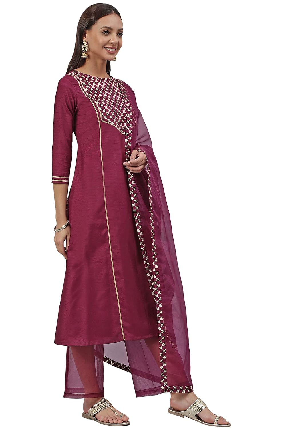 Janasya Women's Wine Poly Silk A-Line Kurta with Palazzo And Dupatta